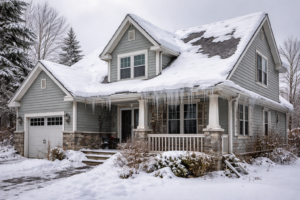 Snow‑covered home in Kingston, Ontario with subtle winter storm damage like sagging roof and ice dams