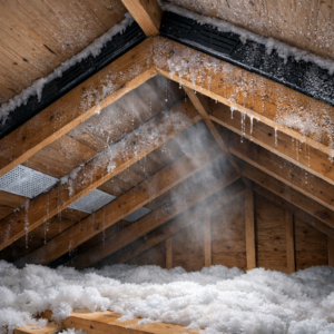 view inside an Ontario attic during winter, showing wooden rafters, fluffy insulation, ventilation grilles and frost or icicles from condensation on the beams