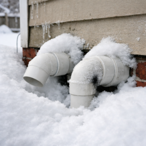 High-efficiency furnace intake and exhaust PVC vents partially buried in snow on an older Ontario home exterior.